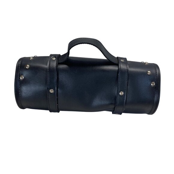 Black Leather Studded Motorcycle Handlebar Tool Bag With Buckle Straps - Picture 5 of 11